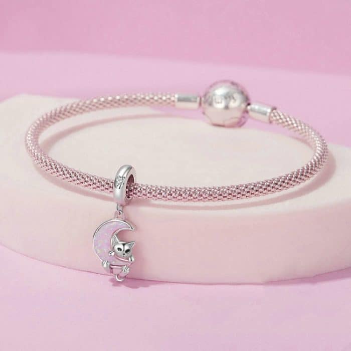 S925 Sterling Silber plattiert Platin Fantasy Mond süße Katze Anhänger – Bild 5