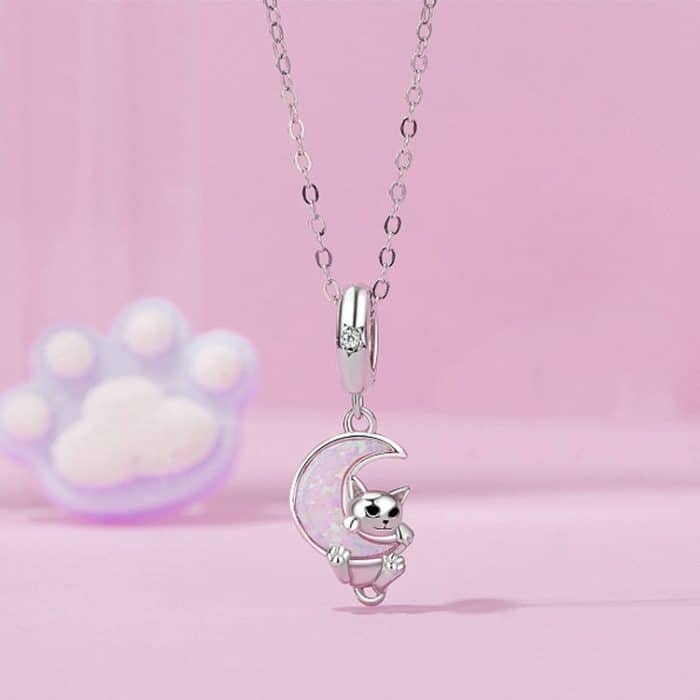 S925 Sterling Silber plattiert Platin Fantasy Mond süße Katze Anhänger – Bild 6