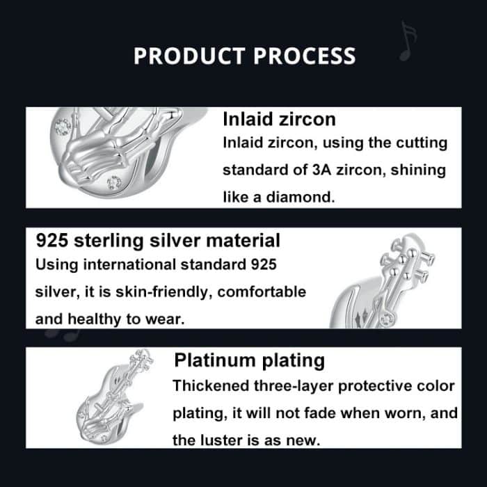 S925 Sterling Silber Platinierter Totenkopf Bass Perlen Anhänger – Bild 3