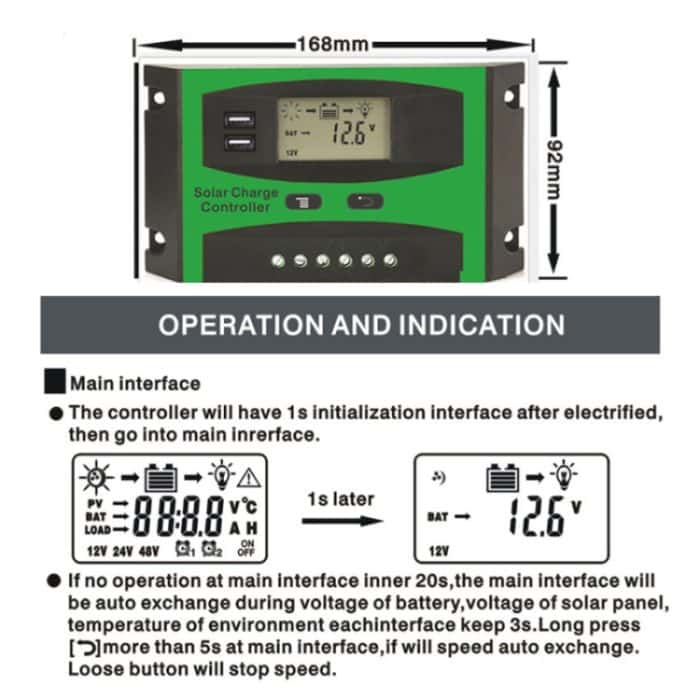 12V/24V Solar Lade- Und Entladeregler Dual USB Port LCD Solar Zellen Panel Laderegler, 10A, 20A, 30A – Bild 5