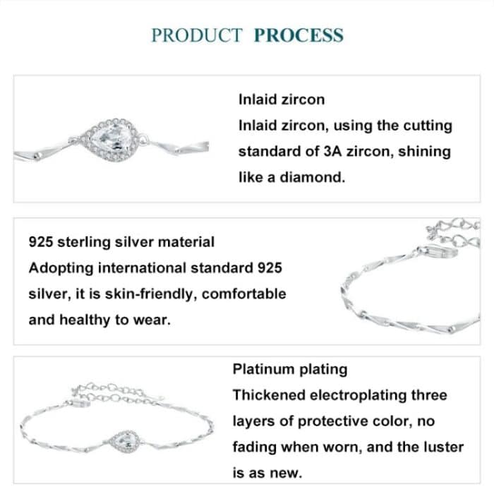 S925 Sterling Silber Platiniertes tropfenförmiges Zirkonarmband – Bild 3
