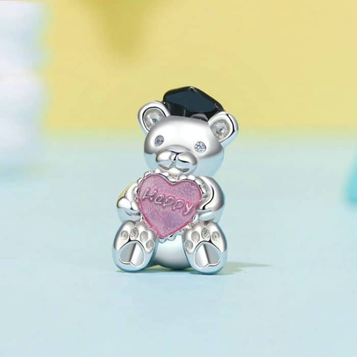 S925 Sterling Silber Platinierte Happy Bear Herz DIY Perlen – Bild 2