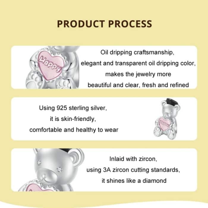 S925 Sterling Silber Platinierte Happy Bear Herz DIY Perlen – Bild 5
