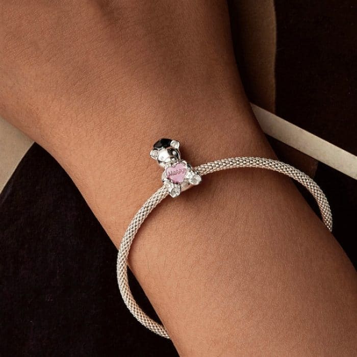 S925 Sterling Silber Platinierte Happy Bear Herz DIY Perlen – Bild 6