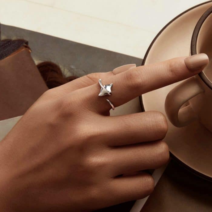 S925 Sterling Silber Platinierter Ozean Manta Ray Verstellbarer offener Ring – Bild 5