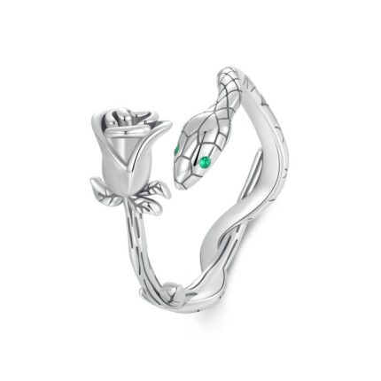 Offener Ring aus platiniertem S925 Sterlingsilber mit Schlangenrose