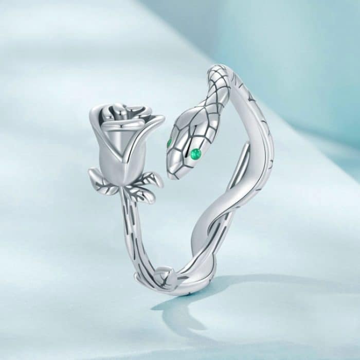 Offener Ring aus platiniertem S925 Sterlingsilber mit Schlangenrose – Bild 4