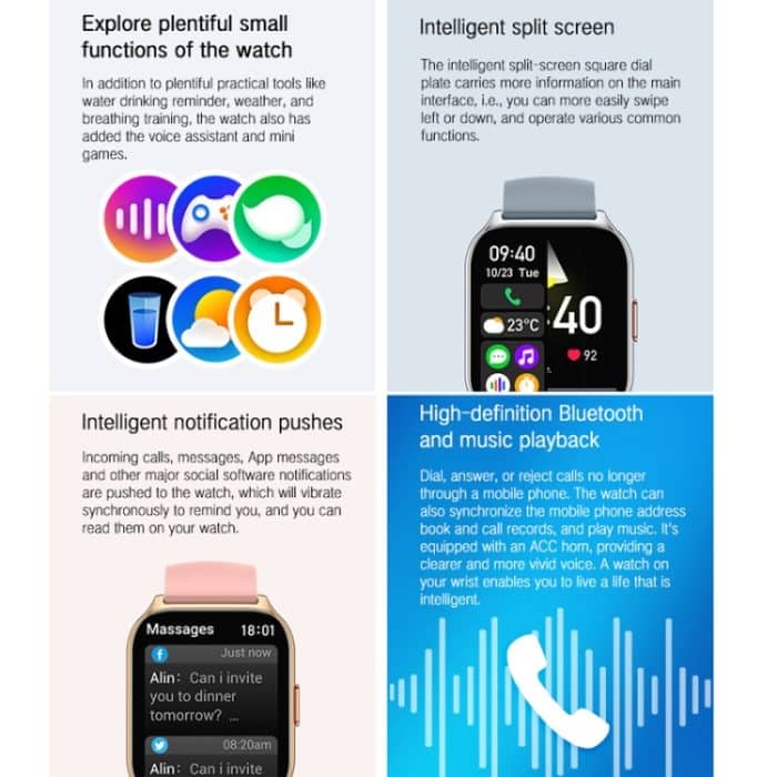 Smartwatch zur Gesundheitsüberwachung von Blutsauerstoff/Schlaf/Herzfrequenz, quadratische Sportuhr, Black, Pink, Silver Gray – Bild 15