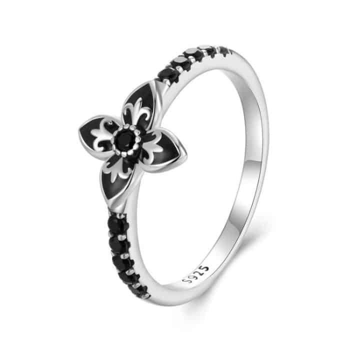 SCR1075 S925 Sterling Silber Oxidierter Retro Eleganter Schwarz-Weiß-Blumenring – Bild 1