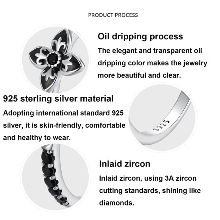 SCR1075 S925 Sterling Silber Oxidierter Retro Eleganter Schwarz-Weiß-Blumenring – Bild 4