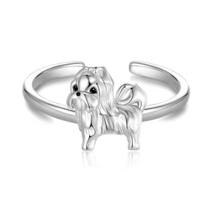 S925 Sterling Silber Platinierter süßer Shih Tzu offener Ring verstellbarer Tierschmuckring – Bild 1