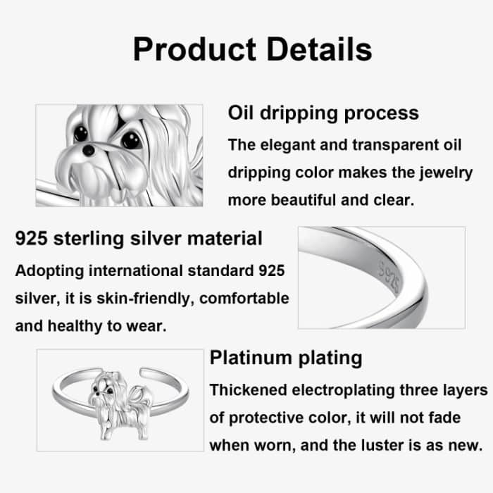 S925 Sterling Silber Platinierter süßer Shih Tzu offener Ring verstellbarer Tierschmuckring – Bild 4