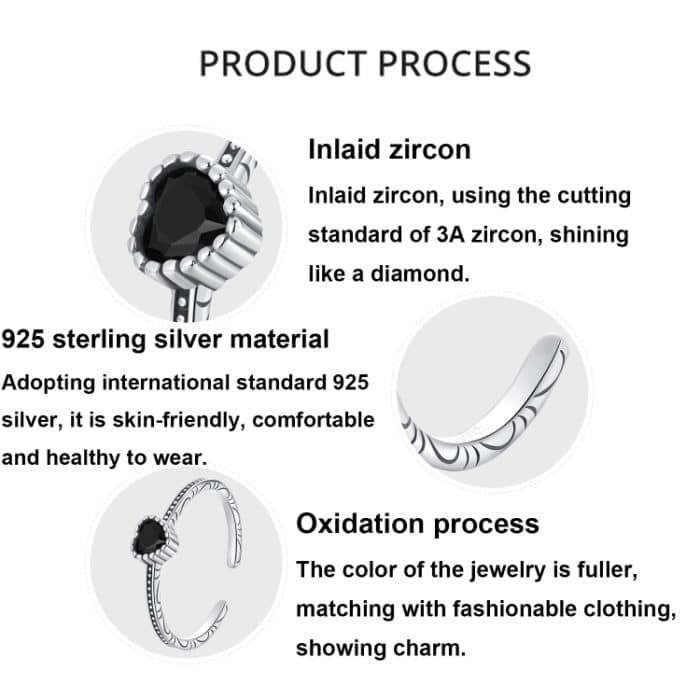 S925 Sterling Silber Oxidierter Herz der Nacht Offener Ring Verstellbarer herzförmiger Ring – Bild 3