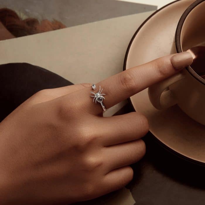 S925 Sterling Silber Platinierter Spinnen verstellbarer offener Ring – Bild 5