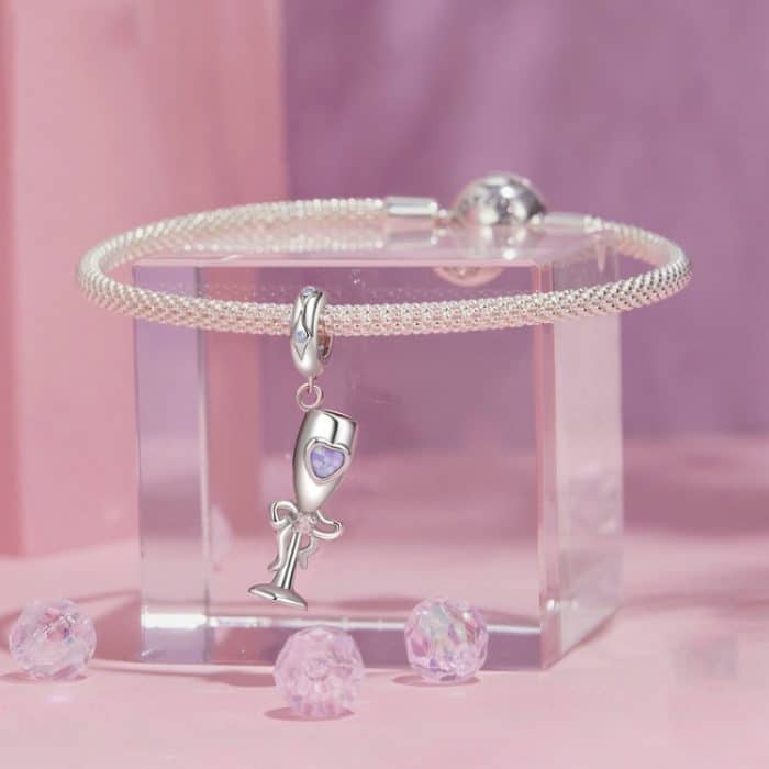 S925 Sterling Silber Platinierter romantischer Champagnerkelch-Anhänger – Bild 5