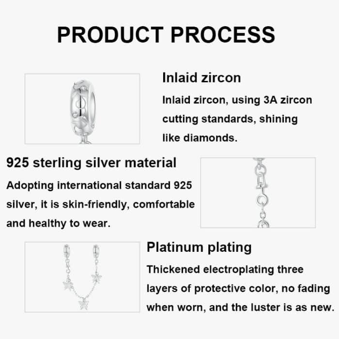 S925 Sterling Silber Platin-Plattierte Schmetterling Sicherheitskette Armband Perlen Zubehör – Bild 3