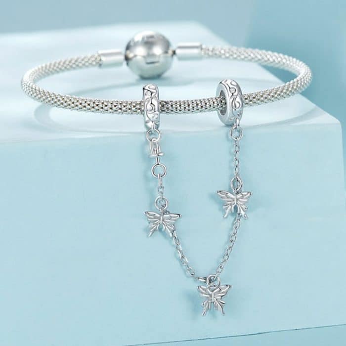 S925 Sterling Silber Platin-Plattierte Schmetterling Sicherheitskette Armband Perlen Zubehör – Bild 5