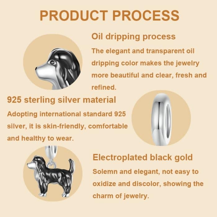 S925 Sterling Silber vergoldet süße Border Collie Anhänger Armband Perlen – Bild 3