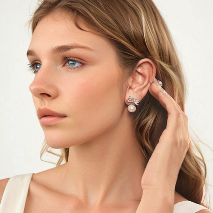 Elegante Schleife Muschelperlen Ohrringe Kupfer Material Platinierte Ohrringe – Bild 7