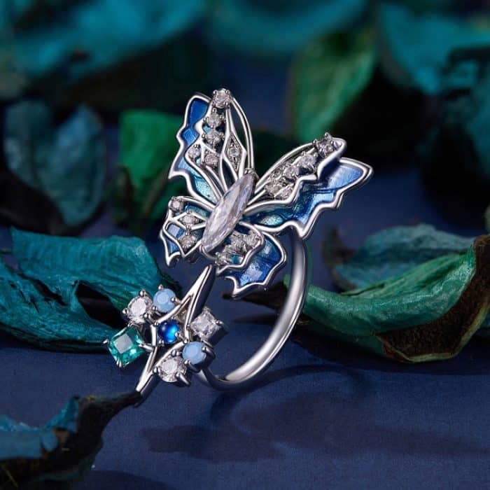 Dreidimensionaler Farbverlauf Eis und Schnee Schmetterling offener Ring Kupfer verstellbar Retro Ring – Bild 3