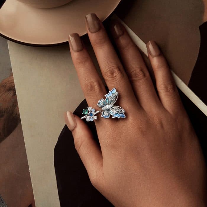 Dreidimensionaler Farbverlauf Eis und Schnee Schmetterling offener Ring Kupfer verstellbar Retro Ring – Bild 7