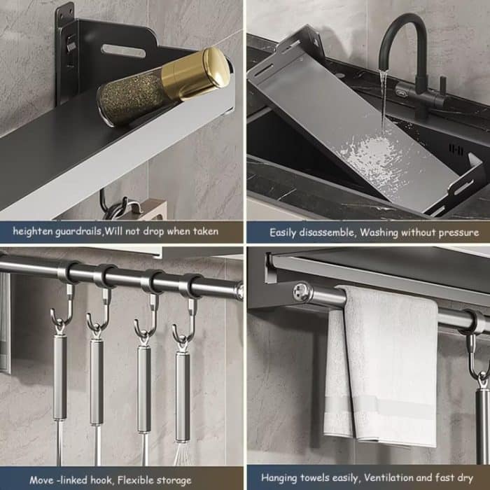 An der Wand befestigter Küchengewürzständer aus Kohlenstoffstahl für Badezimmer, Lagerregal, Handtuchhalter, 20cm, 30cm, 40cm, 50cm, 60cm, 20cm With Hooks, 30cm With Hooks, 40cm With Hooks, 50cm With Hooks, 60cm With Hooks – Bild 6