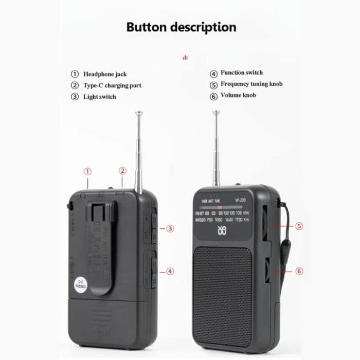 W-209 Mini Tragbares wiederaufladbares/batteriebetriebenes Dual-Mode-Zeiger-FM-Radio mit Taschenlampe – Bild 4