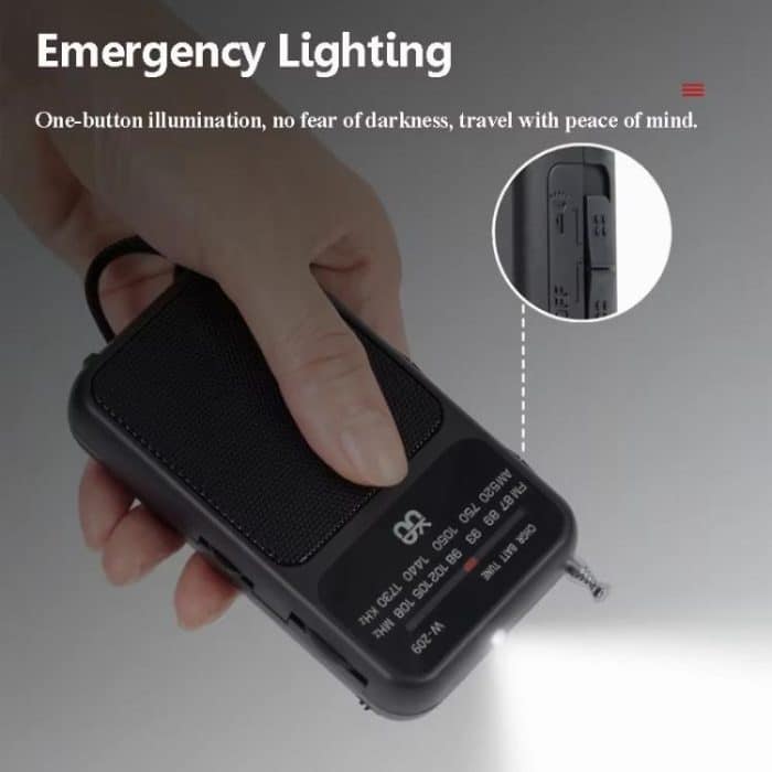 W-209 Mini Tragbares wiederaufladbares/batteriebetriebenes Dual-Mode-Zeiger-FM-Radio mit Taschenlampe – Bild 5