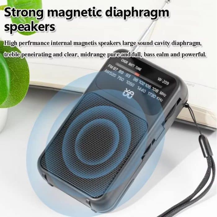 W-209 Mini Tragbares wiederaufladbares/batteriebetriebenes Dual-Mode-Zeiger-FM-Radio mit Taschenlampe – Bild 6