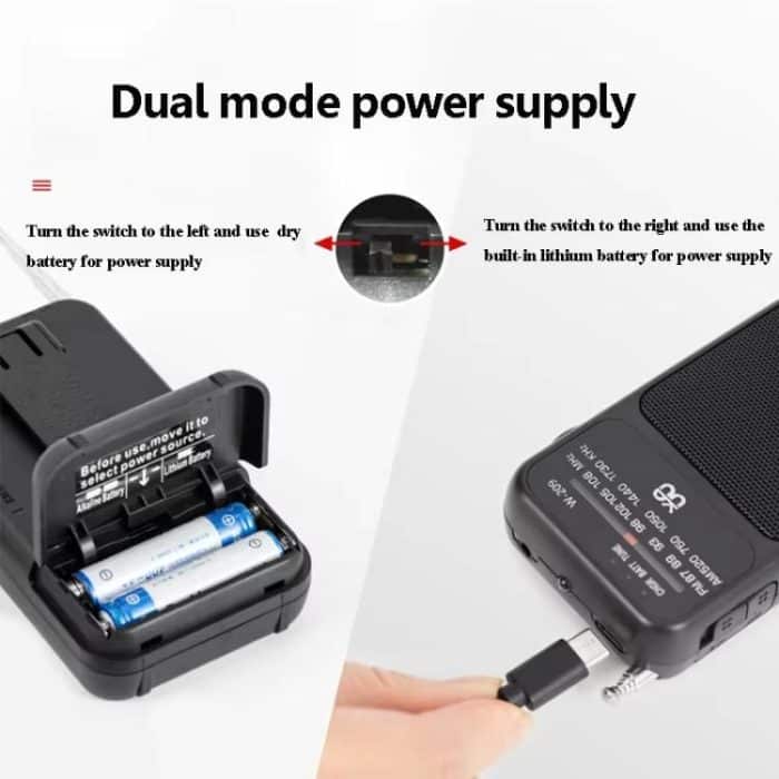 W-209 Mini Tragbares wiederaufladbares/batteriebetriebenes Dual-Mode-Zeiger-FM-Radio mit Taschenlampe – Bild 7