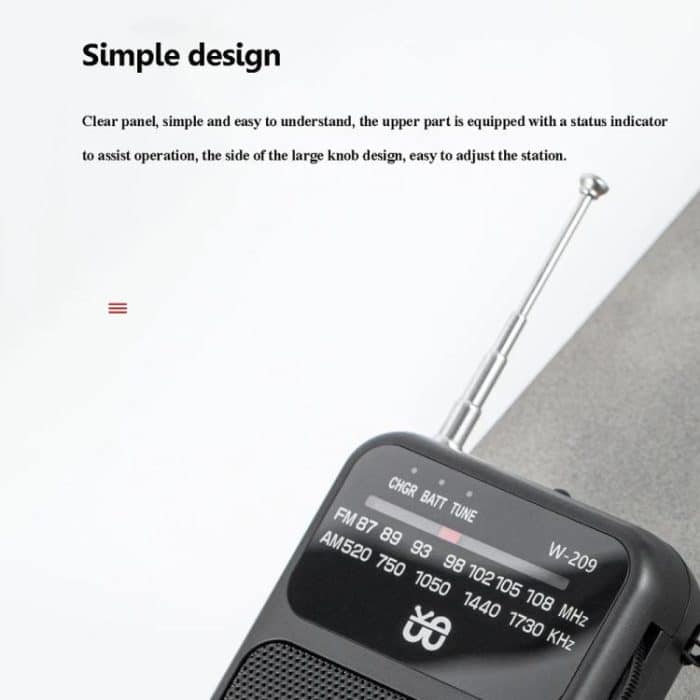 W-209 Mini Tragbares wiederaufladbares/batteriebetriebenes Dual-Mode-Zeiger-FM-Radio mit Taschenlampe – Bild 8