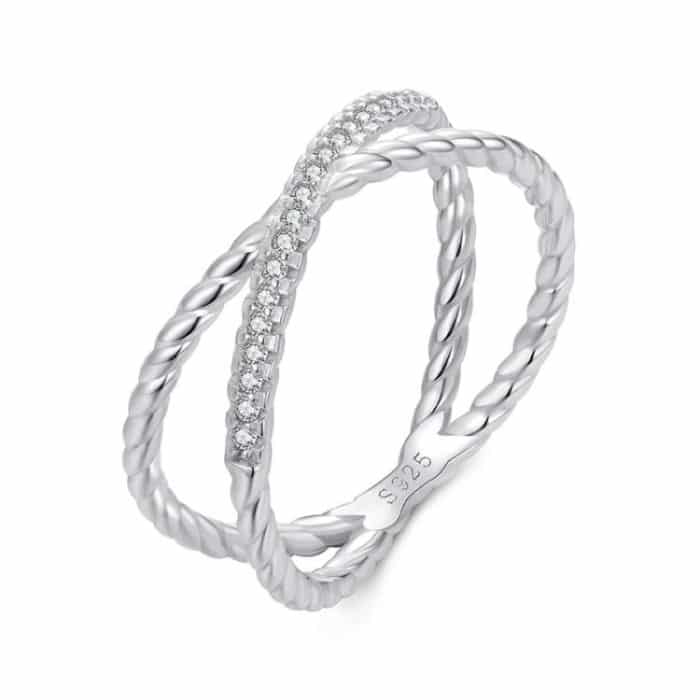 BSR621 S925 Sterling Silber Platinierter glänzender Zirkon Doppelschichtiger X-förmiger Ring – Bild 1