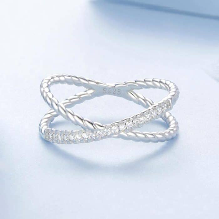 BSR621 S925 Sterling Silber Platinierter glänzender Zirkon Doppelschichtiger X-förmiger Ring – Bild 3