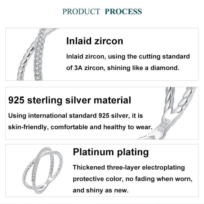 BSR621 S925 Sterling Silber Platinierter glänzender Zirkon Doppelschichtiger X-förmiger Ring – Bild 4