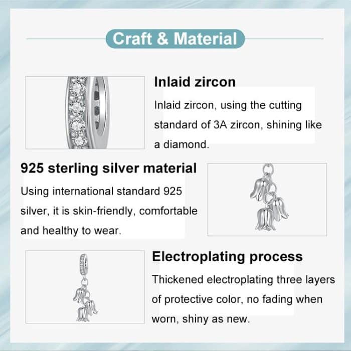 S925 Sterling Silber Platinierte Maiglöckchen Armband Anhänger Perlen – Bild 4