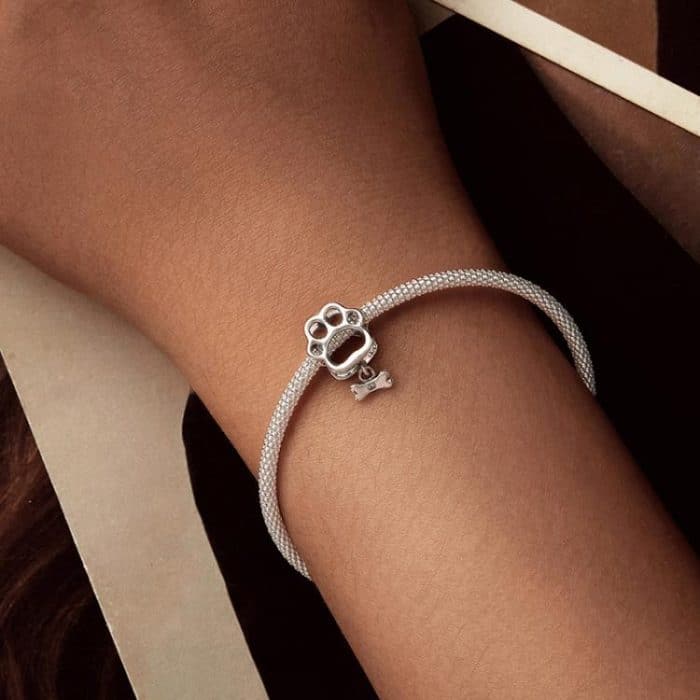 S925 Sterling Silber Oxidiert Niedlichen Hohlen Pfotenabdruck Perlen Tier Armband Zubehör – Bild 7