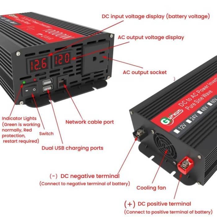 Gurxun 1500W Dual USB Schnellladegerät Dual Digital Display Reiner Sinus Wechselrichter, EU Plug 12V To 220V, US Plug 12V To 110V, Brazil Plug 12V To 110V, Brazil Plug 12V To 220V – Bild 4