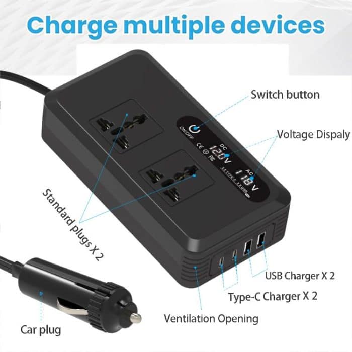 Gurxun Dual Digital Display Auto Wechselrichter mit 2 USB + 2 Typ-C Ports, Universal Plug 220V, Universal Plug 110V, Brazil Plug 220V, Brazil Plug 110V, US Plug 110V – Bild 9