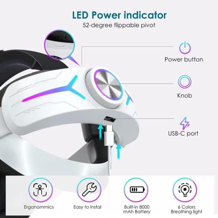 Für Meta Quest 2 VR RGB-Kopfband, verstellbares Kopfband, eingebauter 8000-mAh-Akku, For Meta Quest 2 (Gaming White), For Meta Quest 2 (Gaming Black), For Meta Quest 2 (White) – Bild 4