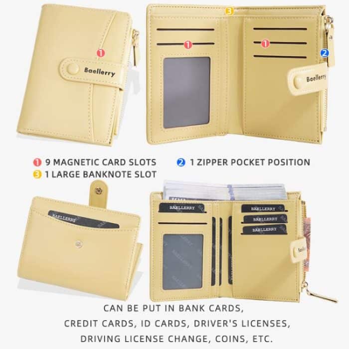 Baellerry N3256 Damen-Kurzbrieftasche, einfaches, zweifach faltbares Münzfach mit Reißverschluss, weiche Lederschnalle, Geldklammer – Bild 6