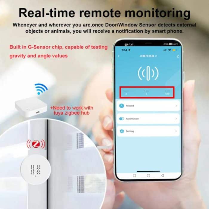 Kompatibler Tuya ZigBee Smart Vibration Tilt Sensor Echtzeit Shock Alarm Sicherheitsschutz – Bild 5