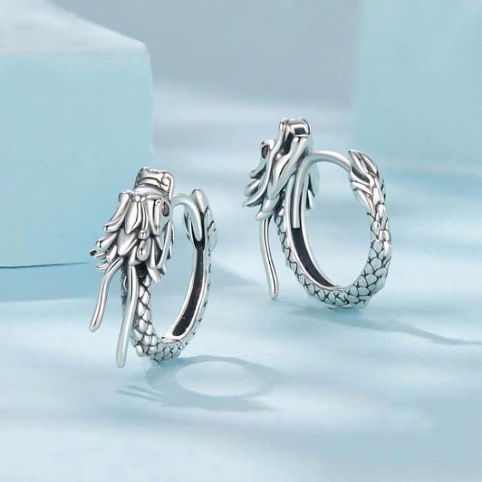 S925 Sterling Silver Oxidized Flying Dragon Earrings – Bild 2