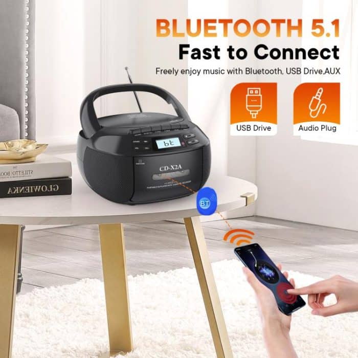 X2A Portable Cassette Player Stereo Bluetooth AM/FM/MP3 Music CD Player Tape Recorder, US Plug, EU Plug, UK Plug, AU Plug – Bild 5