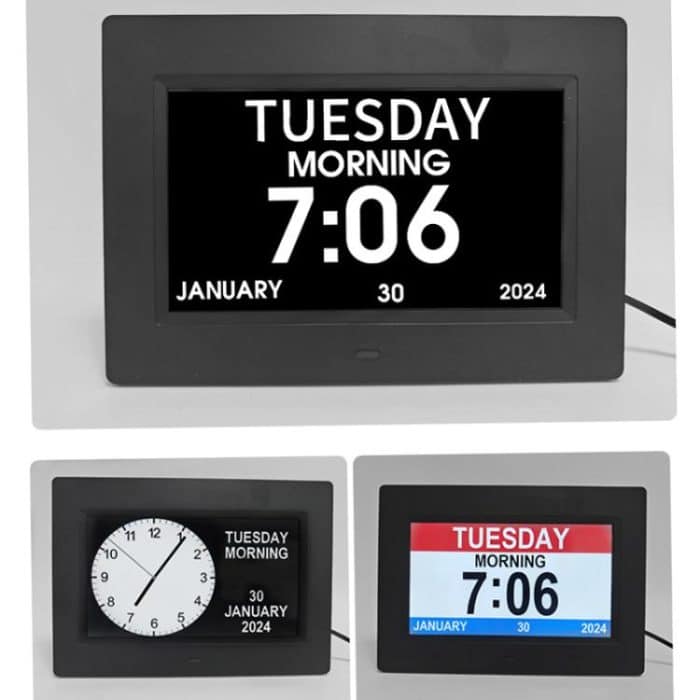 7-inch Digital Frame Calendar Day Clock With 3 Medication Alerts, 5 Custom Alarms, Multi-Language Support, US Plug White, US Plug Black, EU Plug White, EU Plug Black, AU Plug White, AU Plug Black, UK Plug White, UK Plug Black – Bild 3