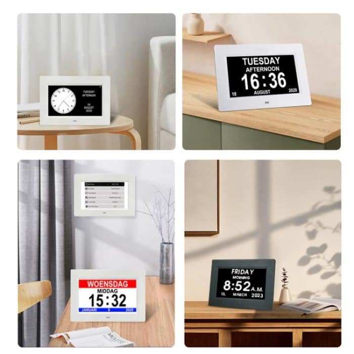 7-inch Digital Frame Calendar Day Clock With 3 Medication Alerts, 5 Custom Alarms, Multi-Language Support, US Plug White, US Plug Black, EU Plug White, EU Plug Black, AU Plug White, AU Plug Black, UK Plug White, UK Plug Black – Bild 8