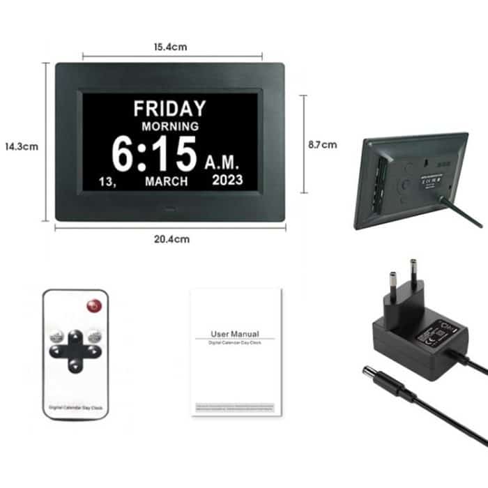 7-inch Digital Frame Calendar Day Clock With 3 Medication Alerts, 5 Custom Alarms, Multi-Language Support, US Plug White, US Plug Black, EU Plug White, EU Plug Black, AU Plug White, AU Plug Black, UK Plug White, UK Plug Black – Bild 10