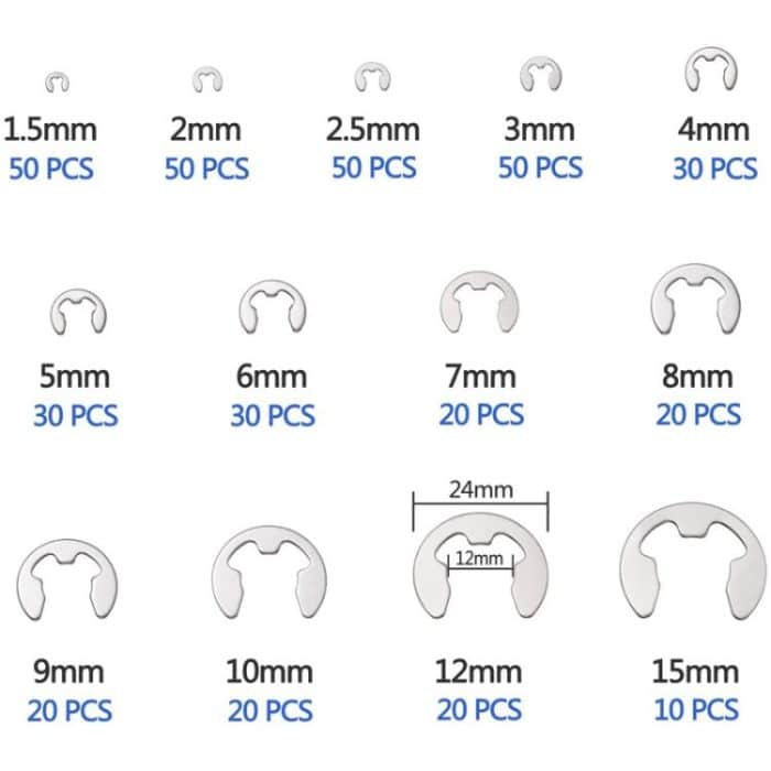 400pcs /Set 1.5-15mm Stainless Steel E-Type Open Circlips Boxed, 400pcs /Set – Bild 4
