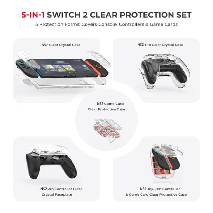 Für Nintendo Switch 2 JYS 5-in-1 Crystal Case Komplettschutzset inklusive Konsolengehäuse, Joy-con- und Pro-Controller-Abdeckung, Frontplatte, Spielekassettenhülle – Bild 3