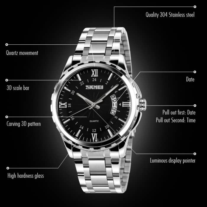 SKMEI 9069 Multifunktionale Outdoor-Mode-Business-wasserdichte Quarz-Armbanduhr mit silbernem Gehäuse – Bild 6