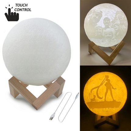 Maßgeschneiderter Touch-Schalter, 2-Farben-3D-Druck-Mondlampe, USB-Aufladung, energiesparendes LED-Nachtlicht mit Holzhaltersockel